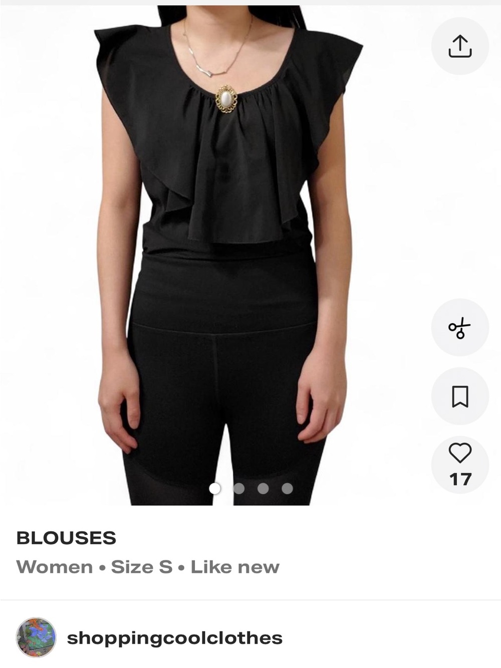 Black Ruffle Neck Women's Blouse with detachable brooch pin